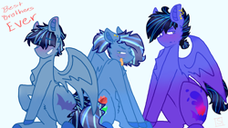 Size: 2560x1440 | Tagged: safe, artist:shinningblossom12, oc, oc only, oc:casanova, oc:fairy glitter, oc:meadow waves, bat pony, pegasus, pony, :p, bat pony oc, bat wings, brothers, chest fluff, colored hooves, ear piercing, earring, eyebrows visible through hair, forked tongue, grin, jewelry, male, pegasus oc, piercing, siblings, simple background, smiling, stallion, text, tongue out, wings