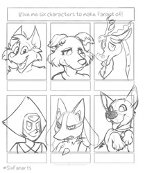 Size: 1714x2048 | Tagged: safe, artist:ratlovera, discord, anthro, cat, dog, draconequus, beastars, bolt, bust, butch, chest fluff, collar, crossover, female, frown, juno, lineart, lucario, male, monochrome, peridot (steven universe), pokémon, six fanarts, smiling, steven universe, tom and jerry