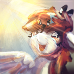 Size: 900x900 | Tagged: safe, artist:amura-of-jupiter, oc, oc only, oc:amura, bird, pegasus, bird hat, bird on head, colored wings, crossover, crying, eyelashes, female, fletchling, floppy ears, happy, looking down, looking up, multicolored wings, open mouth, orange eyes, painting, pegasus oc, pokémon, red hair, red mane, sun ray, tears of joy, wings