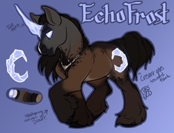 Size: 4283x3264 | Tagged: safe, artist:bagelbytes, oc, oc:echofrost, unicorn, augmented horn, hoof fluff, horn, long feather, long mane, reference sheet, short tail