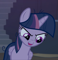 Size: 867x897 | Tagged: safe, screencap, mean twilight sparkle, the mean 6, cropped, evil grin, grin, looking down, smiling, solo