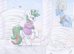 Size: 1024x740 | Tagged: safe, artist:xeviousgreenii, grogar, gusty, gusty the great, pony, unicorn, bell, bewitching bell, cloak, clothes, colored pencil drawing, duo, female, grogar's bell, hurricane, magic, magic aura, male, mare, pillar, telekinesis, traditional art, whirlwind