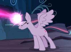 Size: 1173x854 | Tagged: safe, screencap, mean twilight sparkle, the mean 6, blast, cropped, eyes closed, glowing horn, horn, magic, magic beam, magic blast, smiling, solo, spread wings, wings