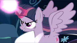 Size: 1667x939 | Tagged: safe, screencap, mean twilight sparkle, the mean 6, blast, cropped, evil grin, glowing horn, grin, horn, magic, magic blast, smiling, solo, spread wings, wings