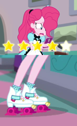 Size: 1080x1777 | Tagged: safe, edit, edited screencap, screencap, pinkie pie, better together, equestria girls, five stars, cellphone, coffee, deleted scene, flat tire, phone, roller skates, server pinkie pie, smartphone, wat, what has science done