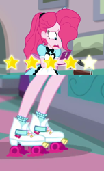 Size: 1080x1777 | Tagged: safe, edit, edited screencap, screencap, pinkie pie, equestria girls, equestria girls series, five stars, spoiler:eqg series (season 2), cellphone, coffee, deleted scene, flat tire, phone, roller skates, server pinkie pie, smartphone, wat, what has science done