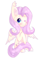 Size: 1456x2028 | Tagged: safe, artist:haiiro-ko, derpibooru import, fluttershy, pegasus, pony, blushing, cute, ear fluff, ear tufts, female, looking at you, mare, one eye closed, shyabetes, simple background, sitting, solo, spread wings, three quarter view, transparent background, wings