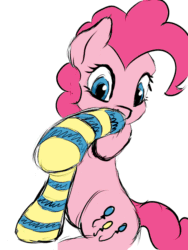 Size: 750x1000 | Tagged: safe, artist:stink111, color edit, derpibooru import, edit, editor:vedont, pinkie pie, earth pony, pony, animated, clothes, colored, cute, diapinkes, dressing, female, frame by frame, gif, looking at you, mare, mouth hold, sitting, smiling, sock pulling, socks, solo, striped socks
