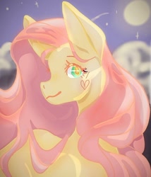 Size: 972x1134 | Tagged: safe, artist:iveory, derpibooru import, fluttershy, pegasus, pony, bust, cloud, female, full moon, looking at you, mare, moon, outdoors, portrait, solo, stray strand