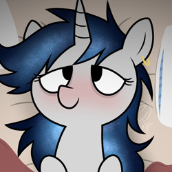 Size: 1700x1700 | Tagged: safe, artist:modocrisma, oc, oc only, oc:lumia moonbeam, pony, unicorn, bags under eyes, bed, bedroom eyes, bedsheets, blushing, ear piercing, earring, ethereal mane, female, galaxy mane, hooves to the chest, jewelry, looking at you, lying down, mare, offscreen character, old art, on back, on bed, piercing, pillow, pov, smiling, solo, stars, tired, watermark