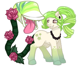 Size: 2376x2052 | Tagged: safe, artist:pandamak, oc, oc only, monster pony, original species, piranha plant pony, plant pony, augmented tail, colored hooves, ear fluff, ear piercing, flower, grin, jewelry, necklace, open mouth, pearl necklace, piercing, plant, rose, sharp teeth, simple background, smiling, teeth, tongue out, transparent background