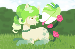Size: 1536x1000 | Tagged: safe, artist:unluckyxse7en, oc, oc only, monster pony, original species, piranha plant pony, plant pony, augmented tail, flower, grass, jewelry, looking back, necklace, outdoors, pearl necklace, plant, prone, rose, smiling, socks (coat marking), tongue out