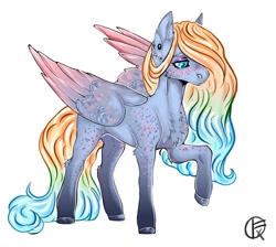 Size: 1170x1049 | Tagged: safe, artist:liamruko, oc, oc only, pegasus, pony, chest fluff, colored wings, ear fluff, ear piercing, earring, eyeshadow, female, frown, jewelry, makeup, mare, multicolored hair, piercing, raised hoof, signature, simple background, solo, spread wings, unnamed oc, white background, wings