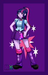 Size: 828x1280 | Tagged: safe, artist:srasomeone, derpibooru import, part of a set, twilight sparkle, equestria girls, bowtie, breasts, button-up shirt, clothes, cutie mark, cutie mark background, cutie mark on clothes, female, hand on hip, headlight sparkle, jacket, latex, leg warmers, looking at you, pleated skirt, ponytail, purple background, shiny, shirt, shoes, simple background, skirt, smiling, solo