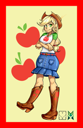 Size: 828x1280 | Tagged: safe, artist:srasomeone, part of a set, applejack, equestria girls, apple, applejack's hat, applerack, belt, boots, breasts, clothes, cowboy hat, crossed arms, cutie mark background, denim skirt, female, food, geode of super strength, hair tie, hat, latex, looking at you, magical geodes, ponytail, raised foot, shiny, shirt, shoes, simple background, skirt, smiling, solo, yellow background