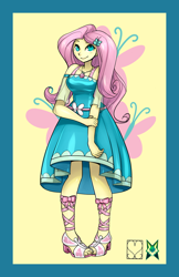 Size: 828x1280 | Tagged: safe, artist:srasomeone, part of a set, fluttershy, butterfly, equestria girls, bow, breasts, clothes, cutie mark background, dress, female, geode of fauna, hairclip, hand on arm, hootershy, latex, looking at you, magical geodes, sandals, shiny, simple background, smiling, solo, waistband, yellow background