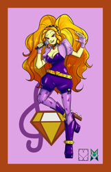 Size: 828x1280 | Tagged: safe, alternate version, artist:srasomeone, part of a set, adagio dazzle, equestria girls, adagiazonga dazzle, belt, bolero jacket, boots, breasts, cleavage, clothes, cutie mark background, female, fingerless gloves, gem, gloves, headband, high heel boots, latex, leggings, microphone, pink background, raised leg, romper, shiny, shoes, simple background, singing, siren gem, solo, spiked belt, spiked headband
