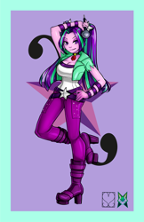 Size: 828x1280 | Tagged: safe, alternate version, artist:srasomeone, part of a set, aria blaze, equestria girls, aria bazookas, belt, boots, breasts, cleavage, clothes, commission, cutie mark background, female, gem, hand on hip, high heel boots, jacket, latex, lavender background, looking at you, microphone, pants, platform heels, pose, raised leg, shiny, shoes, simple background, siren gem, smiling, solo, top, wristband