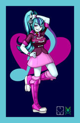 Size: 828x1280 | Tagged: safe, alternate version, artist:srasomeone, part of a set, sonata dusk, equestria girls, boots, breasts, clothes, cutie mark background, female, gem, hand on hip, jacket, latex, looking at you, microphone, navy blue background, platform shoes, pose, raised leg, shiny, shoes, simple background, siren gem, skirt, smiling, smirk, solo, sonata bust, spiked wristband, wristband