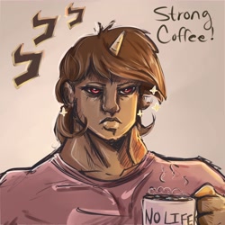 Size: 4000x4000 | Tagged: safe, artist:miokomata, oc, oc only, oc:coffee, human, coffee mug, female, horn, horned humanization, humanized, humanized oc, jojo's bizarre adventure, mug, solo, text