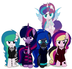 Size: 1782x1721 | Tagged: safe, artist:elementbases, artist:rukemon, oc, oc only, oc:angsty emocore, oc:clausa vera, oc:misanthropy melody, oc:myringa, oc:soprano shadow, alicorn, bat pony, bat pony alicorn, changeling, earth pony, pegasus, pony, undead, unicorn, vampire, vampony, alicorn oc, band, base used, bat pony oc, bat wings, changeling oc, chinese, choker, clothes, coat markings, commission, curved horn, fangs, female, fishnets, flannel, flying, heart, hoodie, horn, horn ring, jewelry, lip piercing, look-alike, messy mane, multicolored hair, necklace, nose piercing, nose ring, not cadance, not celestia, not flurry heart, not luna, not twilight sparkle, piercing, raised hoof, raised leg, siblings, simple background, sisters, socks, spiked choker, striped socks, tattoo, transparent background, unamused, wall of tags, wing piercing, wings, wristband