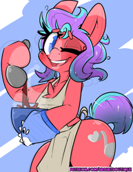 Size: 2550x3300 | Tagged: safe, artist:bbsartboutique, oc, oc only, oc:ruby simmer, crystal pony, apron, clothes, crystal pony oc, one eye closed, wink, winking at you