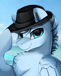 Size: 1424x1764 | Tagged: safe, artist:pridark, oc, oc only, oc:scirocco seaspray, pegasus, pony, chest fluff, commission, commissioner:th3bluerose, cute, handsome, hat, hat tip, looking at you, male, pegasus oc, smiling, solo, trilby, wings
