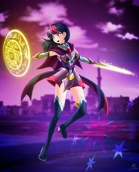 Size: 3354x4141 | Tagged: safe, artist:mauroz, derpibooru import, twilight sparkle, human, anime, anime style, armpits, battle suit, horn, horned humanization, humanized, magic, magical girl