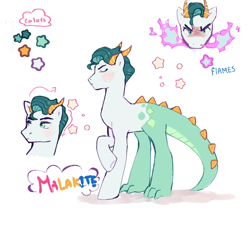 Size: 560x516 | Tagged: safe, artist:kino-ta, oc, oc:malakite, dracony, hybrid, fire, fire breath, horns, interspecies offspring, male, offspring, parent:rarity, parent:spike, parents:sparity, simple background, solo, stallion, white background