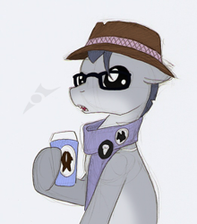 Size: 522x592 | Tagged: safe, artist:ravenpuff, oc, oc only, oc:shark tooth, earth pony, pony, clothes, earth pony oc, glasses, hat, hipster, hoof hold, male, open mouth, scarf, sharp teeth, simple background, stallion, teeth, white background