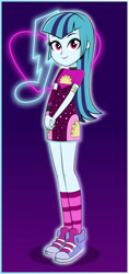 Size: 2613x5536 | Tagged: safe, artist:diilaycc, sonata dusk, equestria girls, equestria girls series, find the magic, spoiler:eqg series (season 2), alternate hairstyle, armlet, clothes, converse, cutie mark background, dress, female, food, long hair, minidress, music notes, shoes, sneakers, socks, solo, taco dress