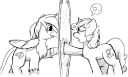 Size: 1280x768 | Tagged: safe, artist:captainhoers, oc, oc:quartz horn, oc:rainbow feather, crystal pony, griffon, hippogriff, unicorn, black and white, cutie mark, female, grayscale, interspecies offspring, lesbian, love confession, magic mirror, magical lesbian spawn, mirror, monochrome, oc x oc, offspring, parent:gilda, parent:rainbow dash, parents:gildash, portal, sad, shipping, trapped