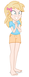 Size: 419x1117 | Tagged: safe, artist:invisibleink, oc, oc only, equestria girls, barefoot, bow, clothes, crazy face, faic, feet, quarantine, shirt, shorts, simple background, smiling, solo, t-shirt, transparent background, vector