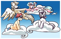 Size: 3812x2444 | Tagged: safe, artist:lrusu, oc, oc only, oc:feather-d, oc:iuth, oc:oofy colorful, oc:tera infomare, pegasus, pony, unicorn, zebra, cloud, on a cloud, sitting, sitting on cloud