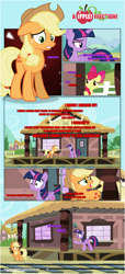 Size: 1919x4225 | Tagged: safe, artist:estories, derpibooru import, apple bloom, applejack, twilight sparkle, twilight sparkle (alicorn), alicorn, earth pony, pony, comic:a(pple)ffection, applejack's hat, comic, cowboy hat, floppy ears, hat, shocked, show accurate, train station, twilight is not amused, unamused, vector, worried