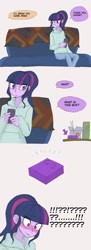 Size: 747x2048 | Tagged: safe, artist:haibaratomoe, derpibooru import, sci-twi, twilight sparkle, equestria girls, blushing, blushing profusely, cellphone, comic, fingering, food, glasses, imminent fingering, implied lesbian, implied shipping, implied sunset shimmer, phone, sex