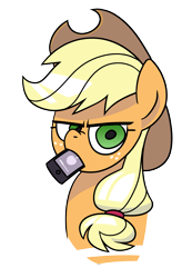 Size: 1561x2260 | Tagged: safe, artist:coaldustthestrange, derpibooru import, applejack, earth pony, pony, apple (company), applejack is not amused, eating, freckles, hat, iphone, simple background, solo, transparent background, unamused