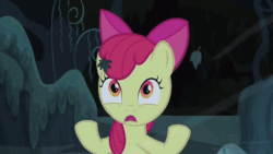 Size: 640x360 | Tagged: safe, screencap, apple bloom, earth pony, pony, bloom and gloom, absurd file size, absurd gif size, animated, bow, dark, dream, eyes closed, forest, gif, glowing eyes, glowing mouth, leaves, moon, nightmare, rotating, rotation, scared, scary, shadow, shadow bloom, spinning, spooky, talking, window