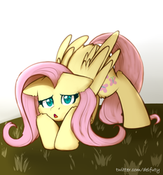 Size: 2100x2250 | Tagged: safe, artist:pandoraqueens, derpibooru import, fluttershy, pegasus, pony, cheek fluff, colored pupils, cute, cutie mark eyes, ear fluff, face down ass up, floppy ears, high res, leg fluff, looking at you, open mouth, shyabetes, solo, wingding eyes