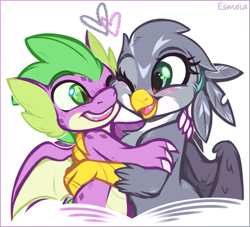 Size: 669x608 | Tagged: safe, artist:esmeia, gabby, spike, dragon, griffon, blushing, cute, female, gabbybetes, heart, hug, interspecies, male, one eye closed, shipping, smiling, spabby, spikabetes, straight, winged spike, wink