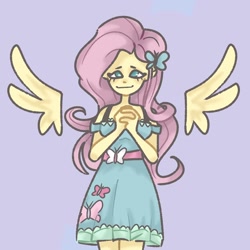 Size: 1080x1080 | Tagged: safe, artist:julotda, fluttershy, better together, equestria girls, clothes, dress, female, floating wings, gray background, hands together, simple background, smiling, solo, wings