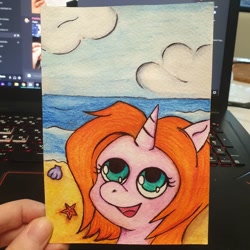 Size: 1080x1080 | Tagged: safe, artist:mintmouse0_o, oc, oc only, pony, unicorn, :d, beach, bust, cloud, computer, discord (program), horn, irl, looking up, photo, seashell, smiling, solo, starfish, traditional art, unicorn oc