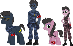 Size: 3301x2087 | Tagged: safe, artist:shadymeadow, oc, oc:diamond skull, oc:nuclear star, pegasus, pony, equestria girls, clothes, female, male, mare, simple background, stallion, sunglasses, transparent background, uniform