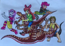 Size: 2615x1845 | Tagged: safe, artist:bozzerkazooers, apple bloom, scootaloo, sweetie belle, oc, oc:nara, dinosaur, human, velociraptor, equestria girls, apple bloom's bow, boots, bow, clothes, commission, cutie mark crusaders, face paint, fanfic, fanfic character, fight, fleeing, hair bow, hoodie, jacket, jeans, martial arts, pants, request, running, scared, shirt, shoes, shorts, simple background, skirt, smiling, traditional art, white background