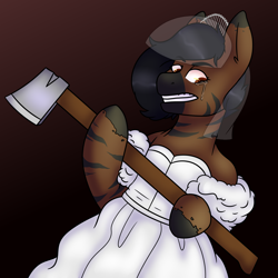 Size: 3000x3000 | Tagged: safe, artist:cinnerroll, oc, zebra, axe, clothes, crying, dress, solo, song reference, stripes, weapon, wedding dress, zebra oc