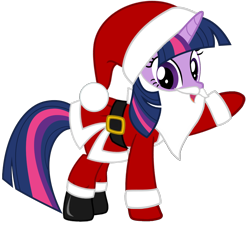 Size: 1138x1024 | Tagged: artist needed, safe, derpibooru import, twilight sparkle, pony, unicorn, beard, belt, boots, christmas, clothes, costume, fake beard, female, gloves, hat, holiday, looking at you, mare, raised hoof, santa beard, santa claus, santa costume, santa hat, shoes, simple background, solo, transparent background, vector