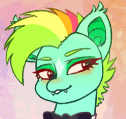 Size: 1196x1128 | Tagged: safe, artist:klooda, oc, oc only, oc:kokomo, bat pony, animated, blushing, bowtie, bust, commission, cute, cute little fangs, fangs, frame by frame, gif, one eye closed, open mouth, portrait, simple background, smiling, solo, wink, winking at you, ych result