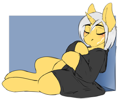 Size: 4012x3390 | Tagged: safe, artist:celestialoddity, oc, oc only, oc:jereza stanza, unicorn, horn, secretly a dragon, sleeping, unicorn oc