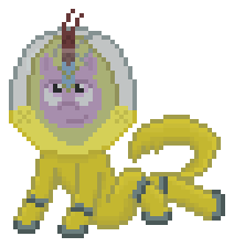 Size: 212x224 | Tagged: safe, artist:silent pone, derpibooru exclusive, oc, oc:puppysmiles, kirin, pony, fallout equestria, fallout equestria: pink eyes, fanfic art, female, filly, hazmat suit, kirin-ified, pixel art, radiation suit, simple background, solo, species swap, transparent background