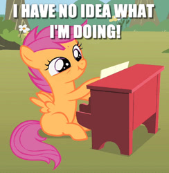 Size: 400x410 | Tagged: safe, edit, edited screencap, screencap, scootaloo, pegasus, pony, the show stoppers, caption, cropped, female, filly, i have no idea what i'm doing, image macro, musical instrument, piano, scrunchy face, solo, text